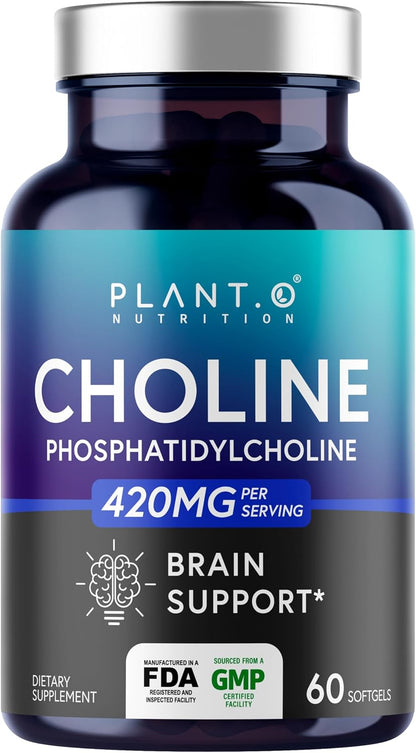 PLANT.O NUTRITION Choline Phosphatidyl Supplement | High Potency 430mg Phospholipid Complex | Promotes Energy, Liver, Brain, & Cognitive Health | 60 Softgels