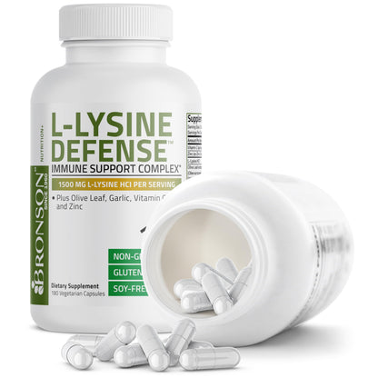 Bronson L-Lysine Defense Immune Support Complex, 1500 mg, 90 Capsules | Essential Amino Acid with Olive Leaf, Garlic, Vitamin C & Zinc, Vegetarian, Non-GMO, Gluten-Free & Soy-Free