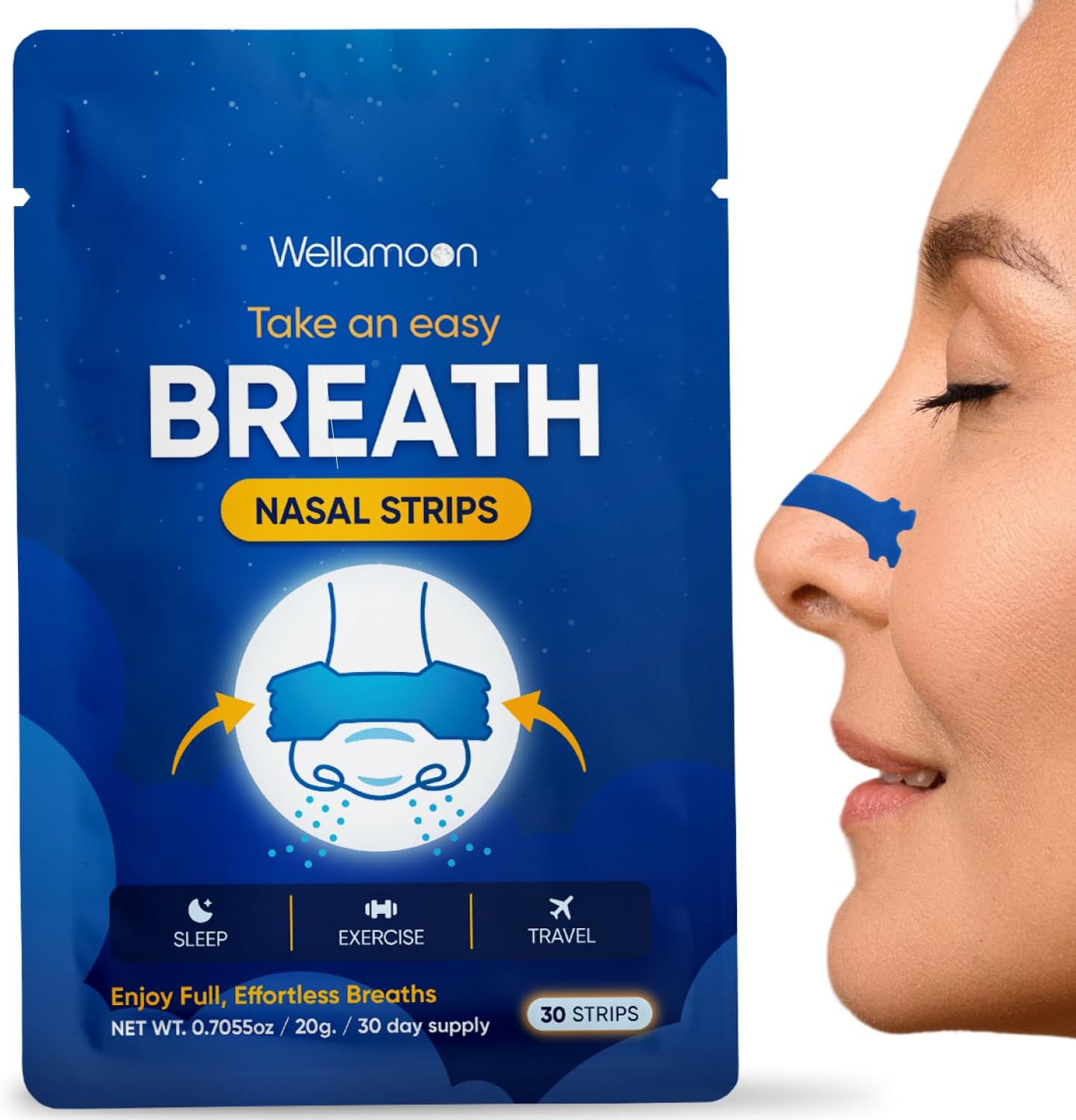 Wellamoon Nose Strips for Breathing (30 Ct) - Breathe Easy & Right Nasal Strips for Snoring & Sleeping - Oil & Sweat Proof Adhesive Snoring Solution- Improves Oxygen Intake, Sleep & Reduces Snoring