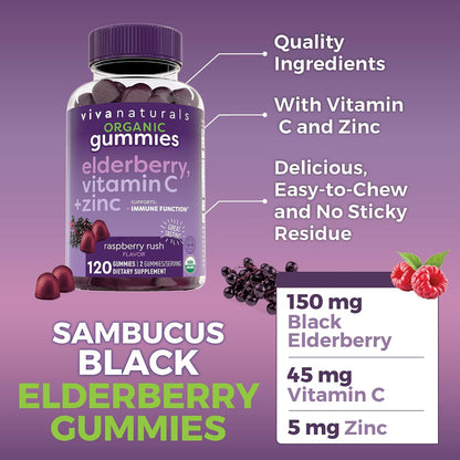 Viva Naturals Black Elderberry Vitamin C and Zinc Immune Support Gummies for Adults, Sambucus Elderberry Gummies with Raspberry Rush Flavor, USDA Organic, Non-GMO, (120 Count)