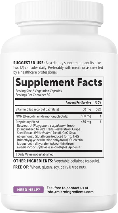 Micro Ingredients NMN Complex 1000mg Per Serving, 120 Veggie Capsules | 10-in-1 with Nicotinamide Mononucleotide, Resveratrol, Astaxanthin, TMG & CoQ10. NAD+ Supplement Precursor. Filler Free.