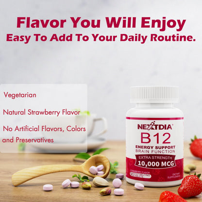B12 Vitamins 10,000 mcg, Methylated Vitamin B12 Sublingual - Energy Boost, Focus, Metabolism & Brain Health Support, Immune System Support, Fast Dissolve, Natural Strawberry Flavor, 180 Servings