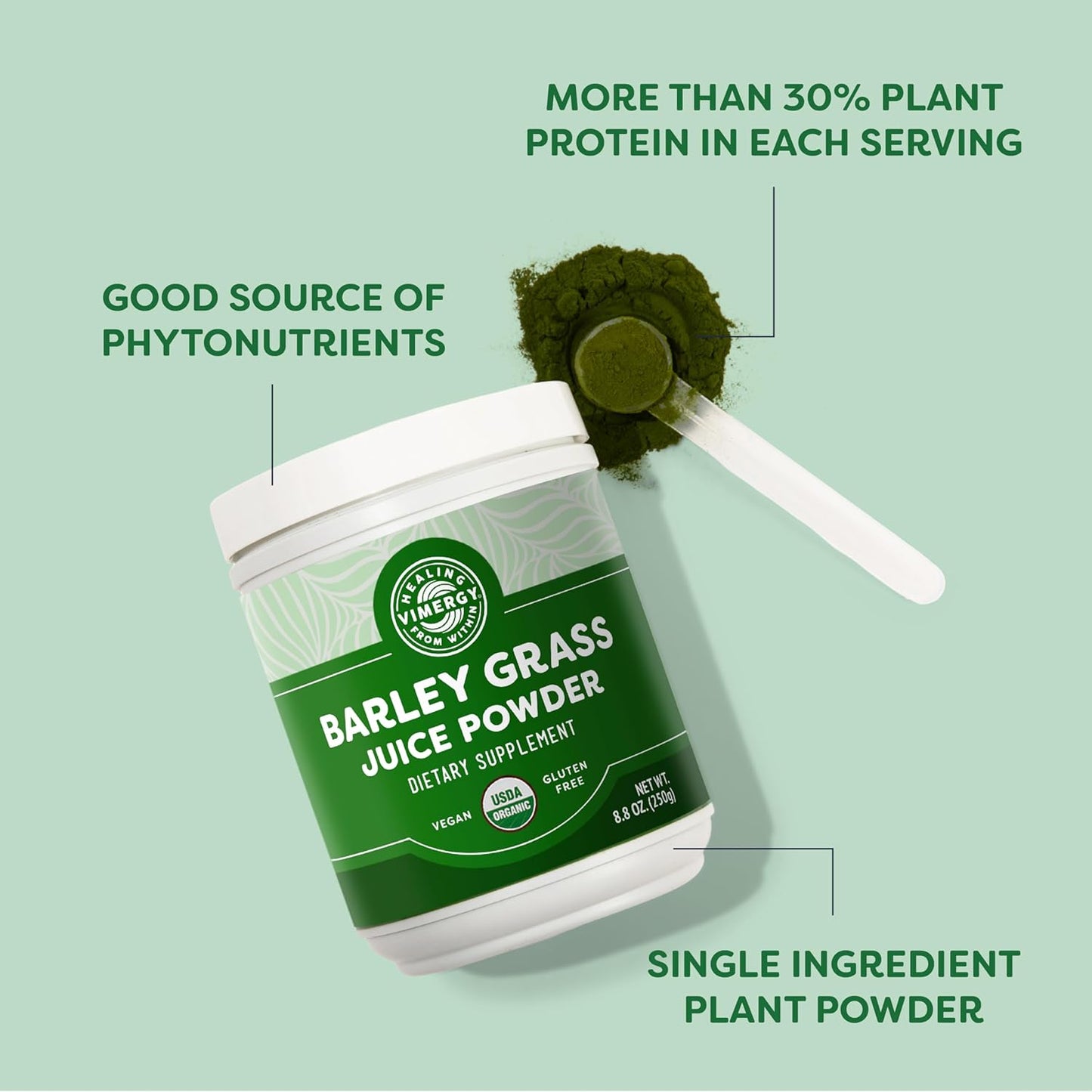 Vimergy Barley Grass Juice Powder Dietary Supplement - 4g per Serving (62 Servings) – Clean Superfood – Promotes Cardiovascular Health* – Organic, Vegan & Gluten-Free – Regular Size 250g