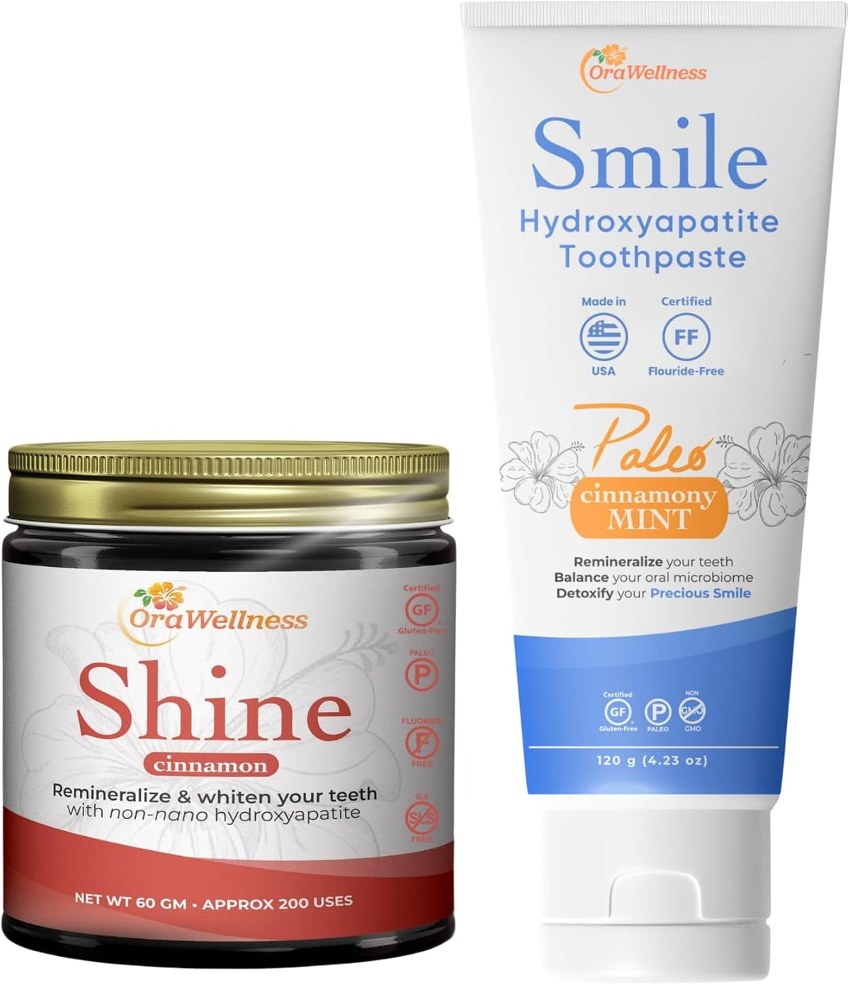 OraWellness Shine Cinnamon Remineralizing Tooth Whitening Powder + Smile Cinnamony Mint Toothpaste, American Made Flouride Free Hydroxyapatite Toothpaste with Remineralizing Xylitol & Non Nano Hydroxy