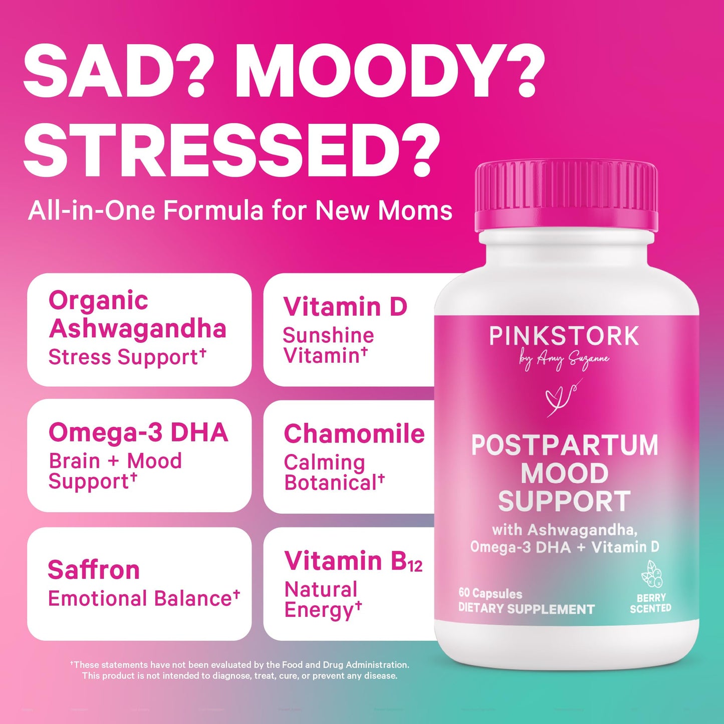 Pink Stork Postpartum Mood Support, 30-Day Supply | Postnatal Supplement for Women, Breastfeeding Friendly, Ashwagandha, Saffron, DHA, Methylated B12, Stress & Cognitive Support