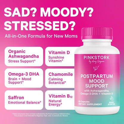 Pink Stork Postpartum Mood Support, 30-Day Supply | Postnatal Supplement for Women, Breastfeeding Friendly, Ashwagandha, Saffron, DHA, Methylated B12, Stress & Cognitive Support