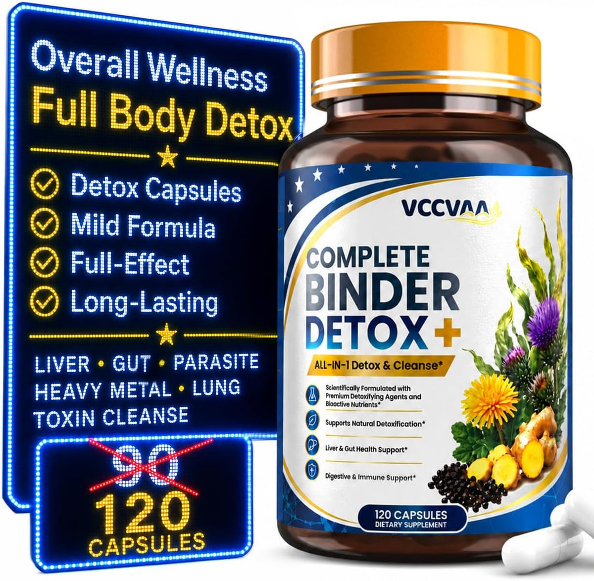 18+ Ingredients Detox & Full Body Cleanse Pills - GI, Parasite & Zeolite Detox, Activated Charcoal, Bentonite Clay, 5 Billion CFU, Probiotics, NAC, Turmeric, Liver Support, 120 Vegan Capsules