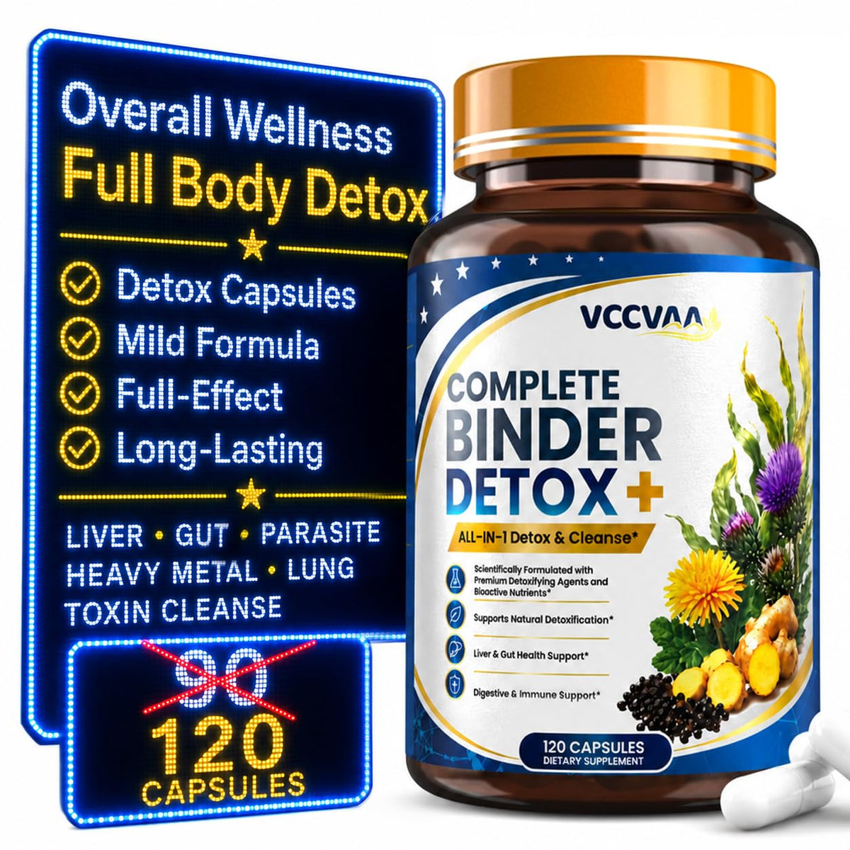 18+ Ingredients Detox & Full Body Cleanse Pills - GI, Parasite & Zeolite Detox, Activated Charcoal, Bentonite Clay, 5 Billion CFU, Probiotics, NAC, Turmeric, Liver Support, 120 Vegan Capsules