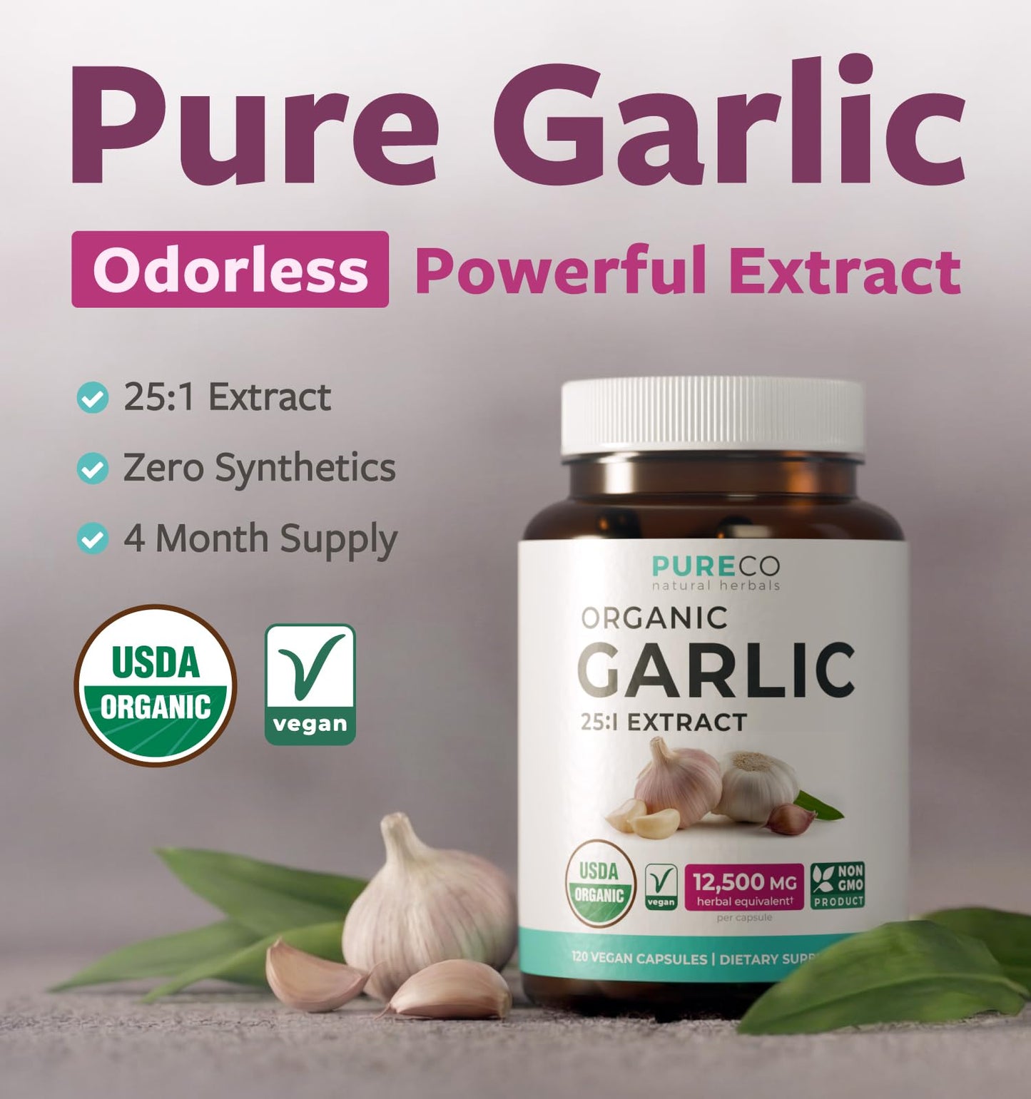 PURE CO USDA Organic Garlic Supplement - High Potency 25:1 Garlic Extract with 12,500mg Herbal Equivalent Strength for Immune & Heart Support - Odorless Vegan & Non-GMO (4 Month Supply)