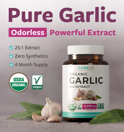 PURE CO USDA Organic Garlic Supplement - High Potency 25:1 Garlic Extract with 12,500mg Herbal Equivalent Strength for Immune & Heart Support - Odorless Vegan & Non-GMO (4 Month Supply)