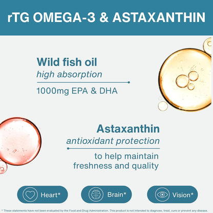 Igennus Ultra Pure Omega 3 Triglyceride rTG Wild Fish Oil 1360mg, IFOS Certified, EPA DHA 1000mg Plus Astaxanthin, Non-GMO, for Men & Women, 180 Softgels