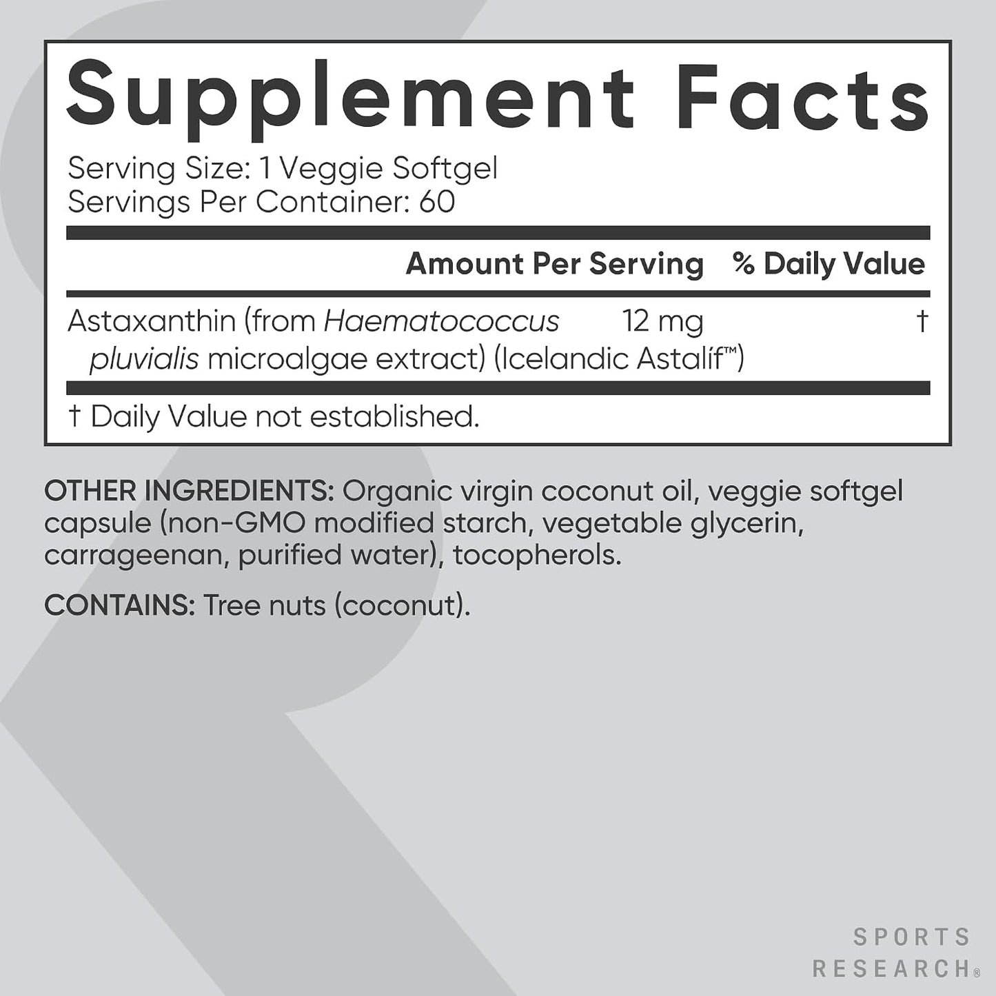Sports Research Triple Strength Vegan Astaxanthin Supplement from Algae - Plant Based Softgels for Antioxidant Activity, Skin & Eye Health - Non-GMO Verified, Made with Coconut Oil - 12mg, 60 Count