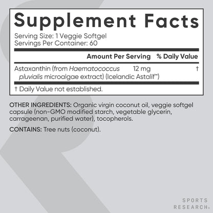Sports Research Triple Strength Vegan Astaxanthin Supplement from Algae - Plant Based Softgels for Antioxidant Activity, Skin & Eye Health - Non-GMO Verified, Made with Coconut Oil - 12mg, 60 Count