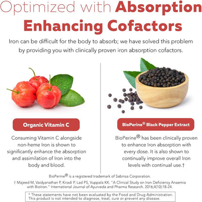 Organic Iron Supplement | Whole Food Mineral & Cofactors, 25 mg Elemental | Enhanced Absorption Plus Blood Health Vitamins – Gentle Form – Supports Healthy Levels & Blood Health – 90 Capsules