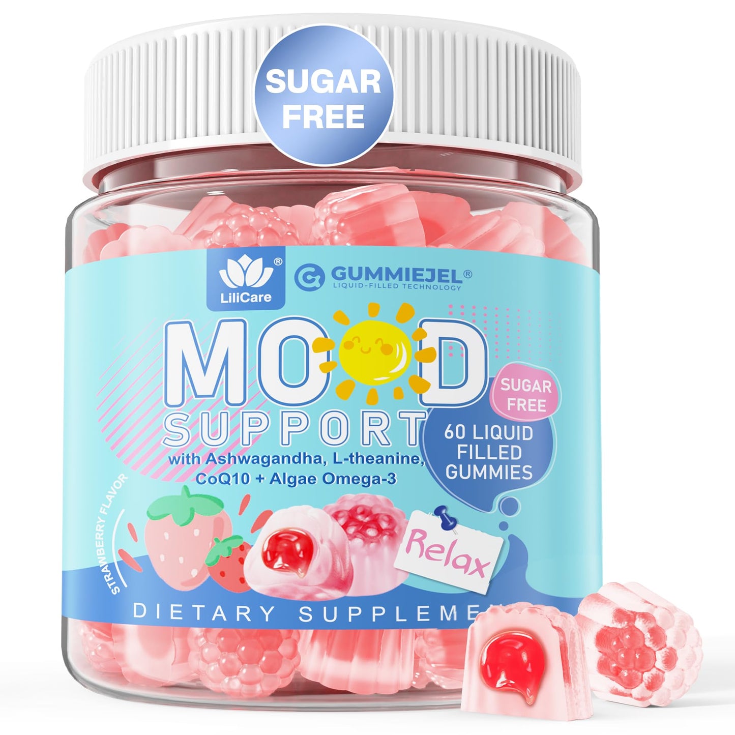 Ashwagandha Saffron Calm Gummies + Omega 3, L-Theanine & CoQ10 for Women Men, Natural Calming Happy Relax Gummies for Adults, Mood Support Supplement Gummy, Strawberry Flavor, Sugar Free, Vegan, 60ct