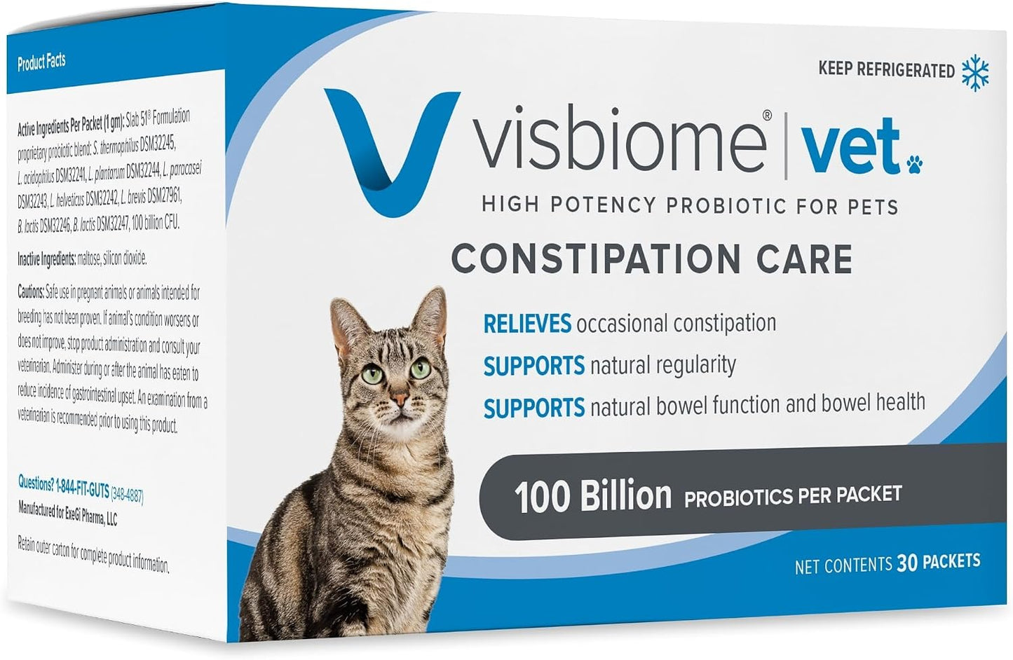 Visbiome® Vet Constipation Care Probiotic for Cats, 100B CFU, 30 Packets | Veterinarian Recommended, Slab51® Formulation, Multi-Strain, Refrigerated Probiotics, Weight-Based Dosing