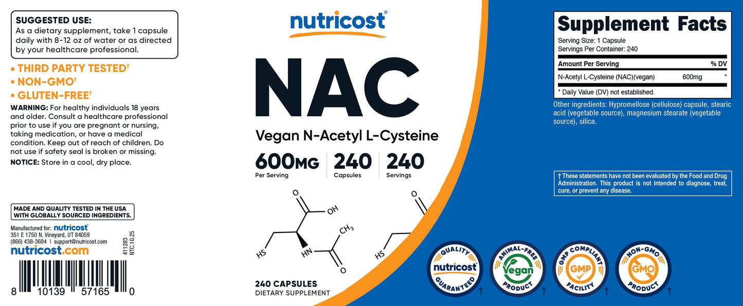 Nutricost N-Acetyl L-Cysteine (NAC) 600mg, 180 Capsules | GMO-Free And Gluten Free