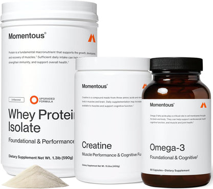 Momentous Three - Creatine Monohydrate Powder (90 Servings), Grass-Fed Whey Protein Powder (Unflavored) & Omega-3 Fish Oil 1600mg - Daily Essentials for Strength, Performance & Lean Muscle Recovery