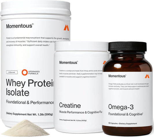 Momentous Three - Creatine Monohydrate Powder (90 Servings), Grass-Fed Whey Protein Powder (Unflavored) & Omega-3 Fish Oil 1600mg - Daily Essentials for Strength, Performance & Lean Muscle Recovery