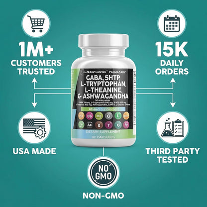 Clean Nutraceuticals GABA 750mg 5 HTP 200mg L Tryptophan 500mg L Theanine 200mg Ashwagandha SAM-e L-Glycine - Mood Support Vitamins for Women and Men with L-Tyrosine 5-HTP (5-Hydroxytryptophan)