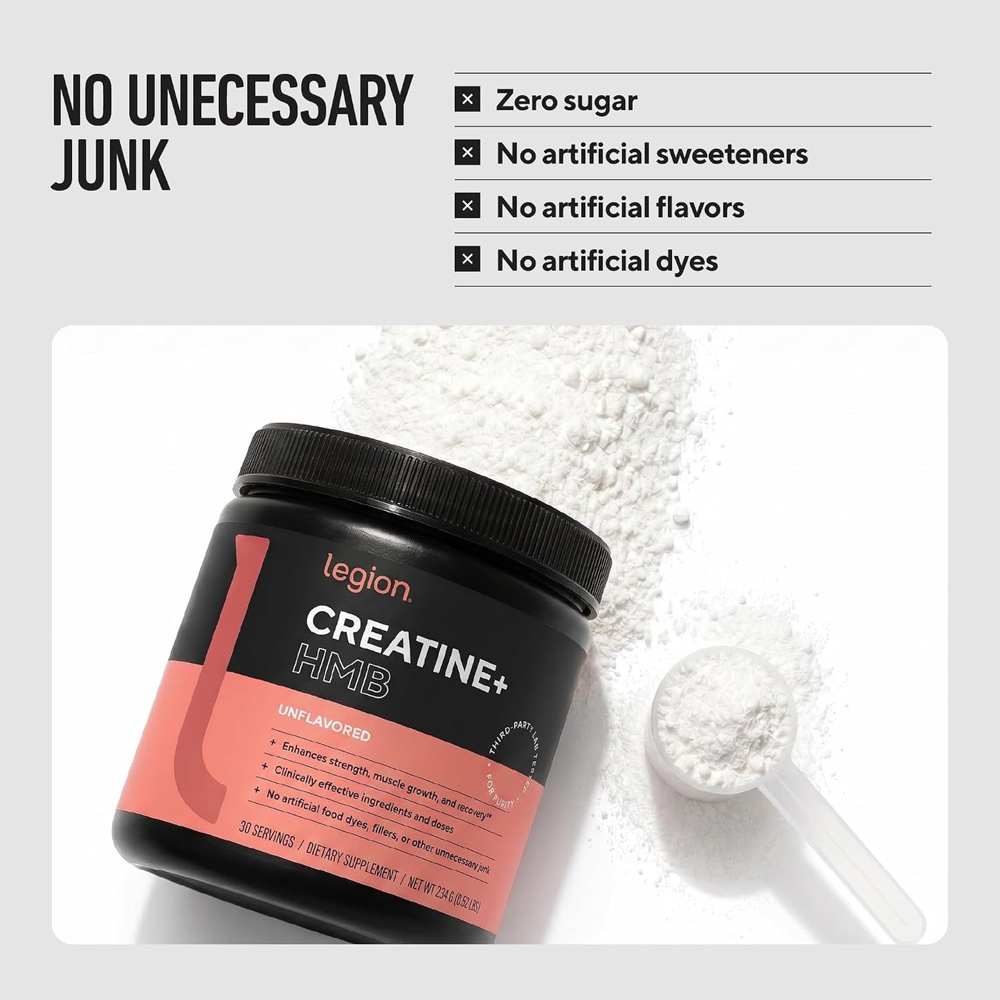 Legion Creatine HMB Powder – Micronized Creatine Monohydrate 5g with myHMB 2.5g – Unflavored Sports Nutrition Powder for Strength Training, Performance Support, and Post-Workout Recovery – 30 Servings