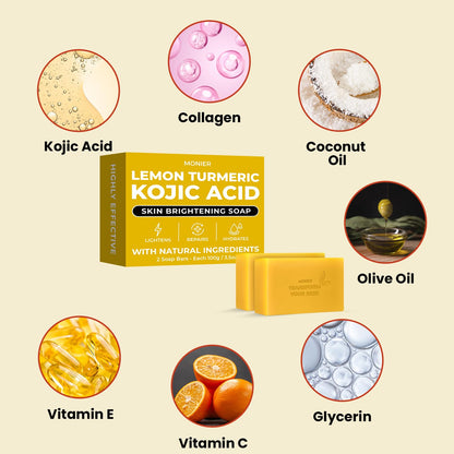 MONIER Brightening Lemon Turmeric Kojic Acid Soap Bars - with Collagen | with Collagen, Turmeric, Coconut Oil, Moisturizing & Nourishing, Original Japanese Complex (2 Soap Bars + Storage Net)