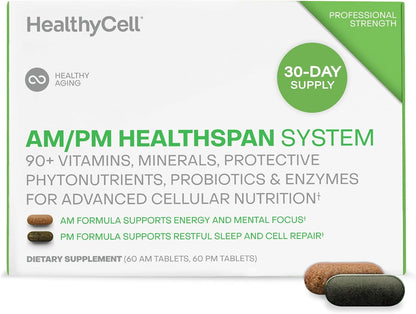 HealhtyCell AM/PM Healthspan System - 60 AM Tablets & 60 PM Tablets | 90+ Vitamins, Minerals, Protective Phytonutrients, Probiotics & Enzymes for Advanced Cellular Nutrition