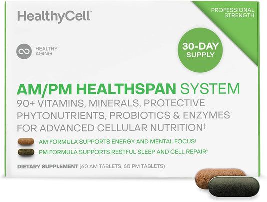 HealhtyCell AM/PM Healthspan System - 60 AM Tablets & 60 PM Tablets | 90+ Vitamins, Minerals, Protective Phytonutrients, Probiotics & Enzymes for Advanced Cellular Nutrition