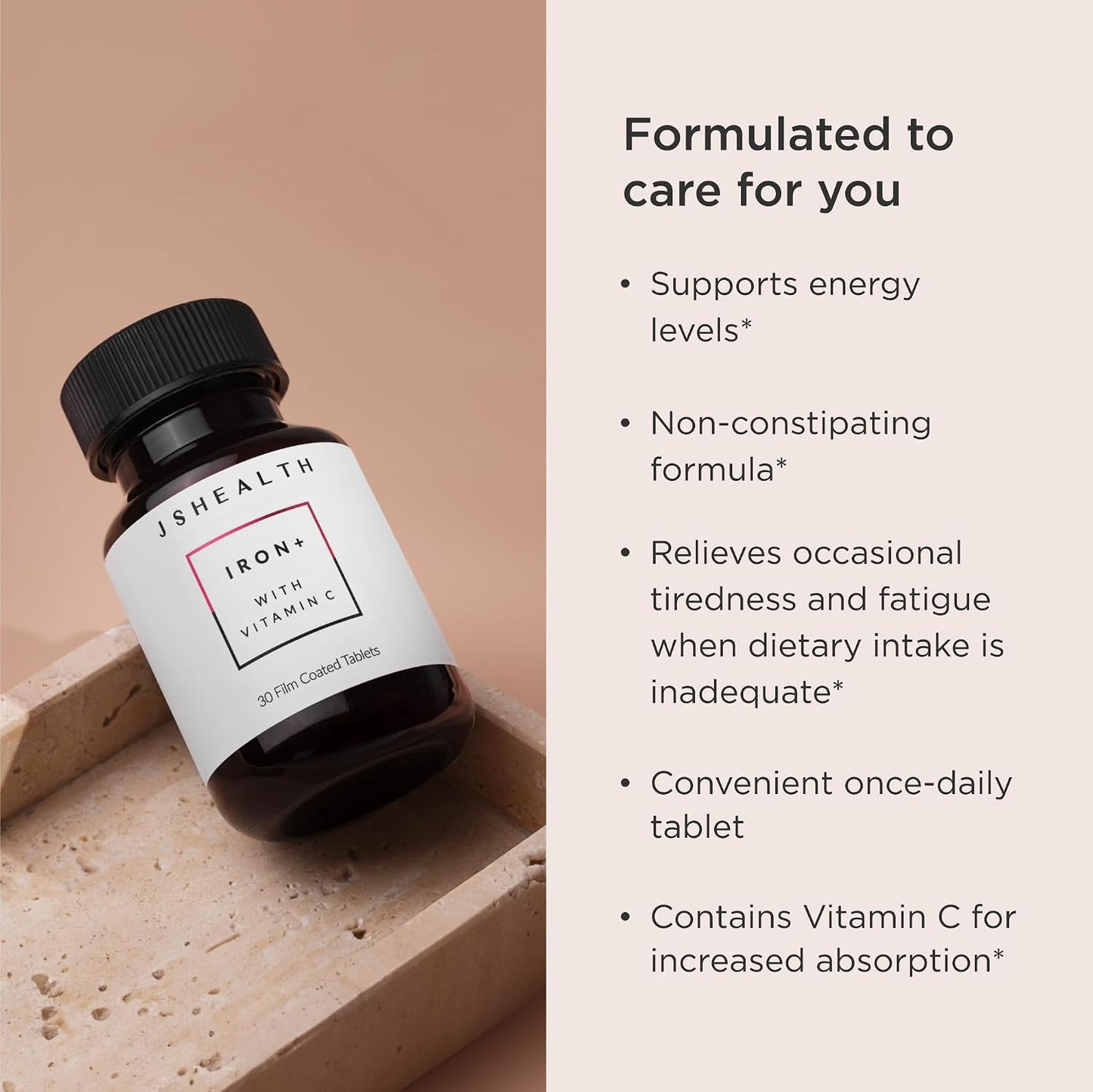 JSHealth Iron Supplement with Vitamin C. Ferrochel Iron Supports Energy Levels. Non-Constipating, with B Vitamins. By Nutritionist Jessica Sepel (30 Tablets) | Iron Deficiency Pills with Vitamin C and Vitamin B12, No Nausea or Constipation