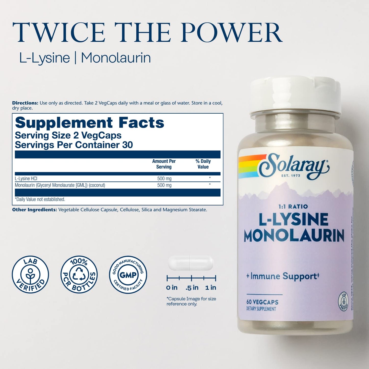 SOLARAY L-Lysine Monolaurin Immune Support Supplement, 1:1 Ratio for Immune System Function, 500 mg Each, 30 Servings, 60 VegCaps