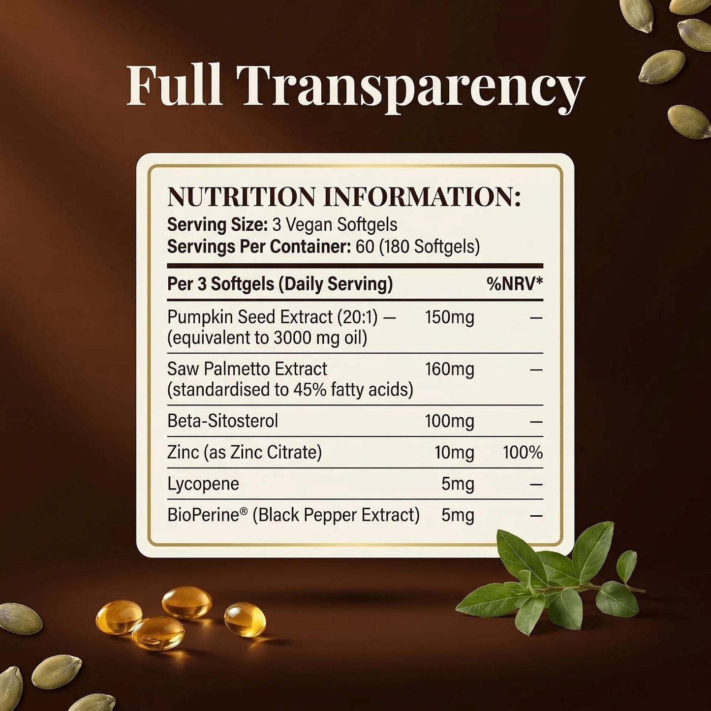 Pumpkin Seed Oil with Saw Palmetto, Beta-Sitosterol, Zinc & BioPerine® – 180 Vegan Softgels | Prostate & Hair Growth Support | DHT Blocker | Urinary & Bladder Health | Cold-Pressed
