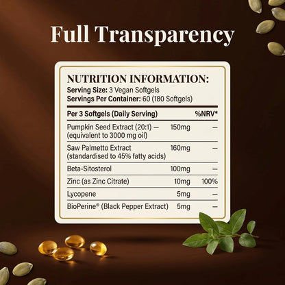 Pumpkin Seed Oil with Saw Palmetto, Beta-Sitosterol, Zinc & BioPerine® – 180 Vegan Softgels | Prostate & Hair Growth Support | DHT Blocker | Urinary & Bladder Health | Cold-Pressed