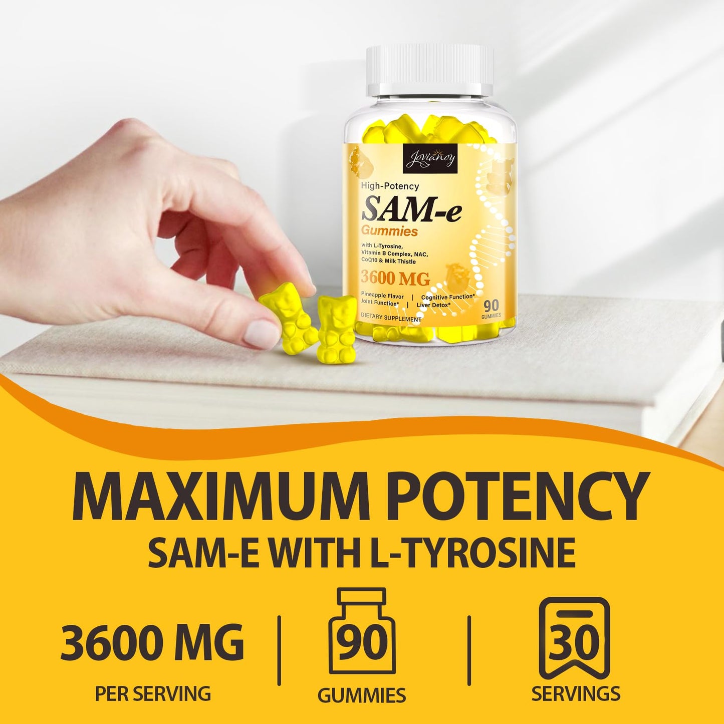 Jovianoy SAM-e Gummies with L-Tyrosine, Vitamin B Complex & NAC, CoQ10, High-Potency SAM-e Supplement - Pineapple Flavor, for Mood, Joint, Cognitive & Liver Detox, Vegan Friendly, 180 Gummies