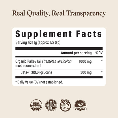 Real Mushrooms Turkey Tail Mushroom Powder – Organic Mushroom Extract for Daily Wellness Gut Harmony, & Energy Support with Beta Glucans – Vegan, Non-GMO, 45 Servings Functional Supplement