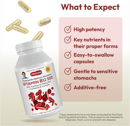 ANDREW LESSMAN ProCaps Vitamin B12 500 mcg with B-Complex 180 Capsules | Absorption-protected Methylcobalamin with B-Complex supports energy, brain, heart and nervous system health.