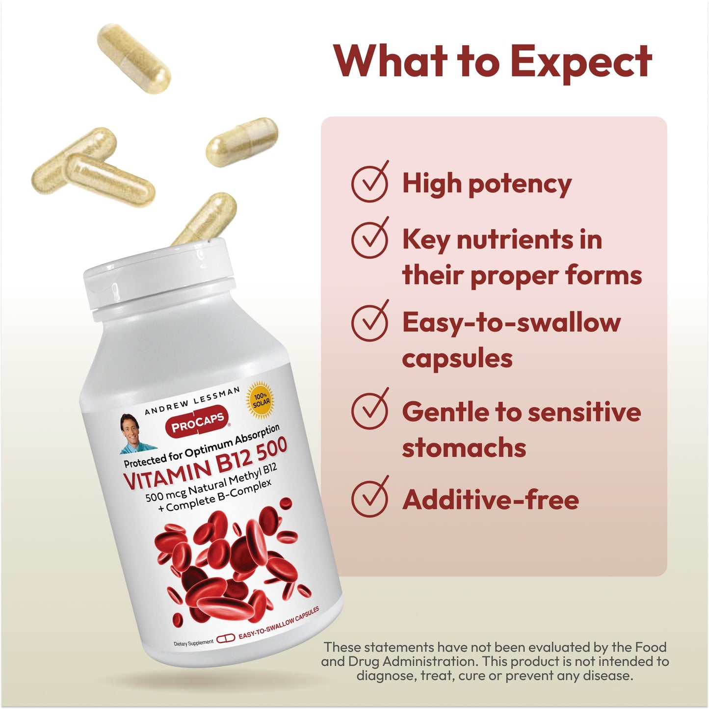 ANDREW LESSMAN ProCaps Vitamin B12 500 mcg with B-Complex 180 Capsules | Absorption-protected Methylcobalamin with B-Complex supports energy, brain, heart and nervous system health.
