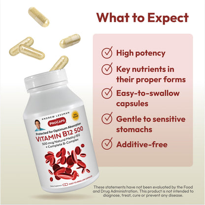 ANDREW LESSMAN ProCaps Vitamin B12 500 mcg with B-Complex 180 Capsules | Absorption-protected Methylcobalamin with B-Complex supports energy, brain, heart and nervous system health.