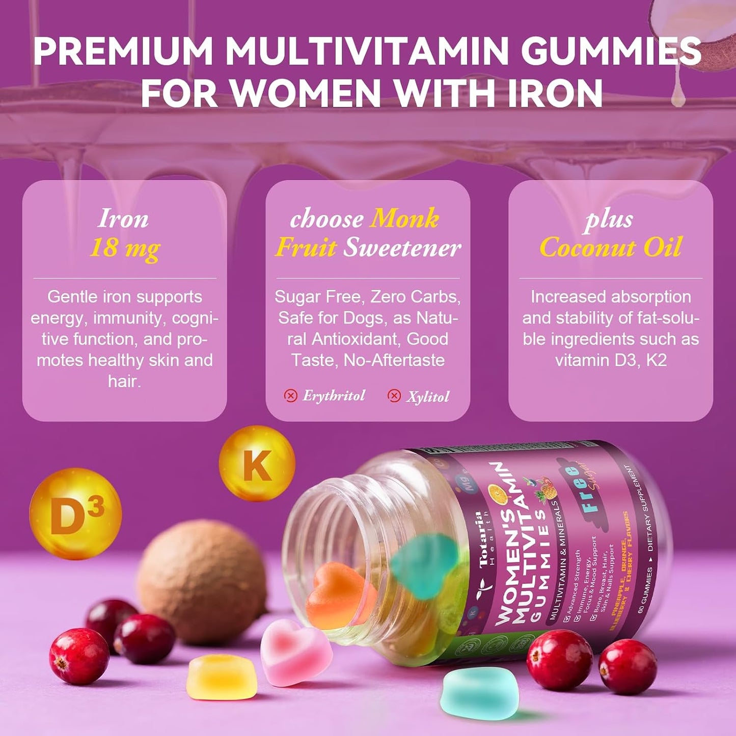 Totaria Sugar Free Womens Multivitamin Gummies with Iron, Women's Multivitamin w/Vitamins C, D3 K2, B12, B6, Filled Gummies for Daily Nutritional Support| Immune Support| Skin Health, Mixed Flavors