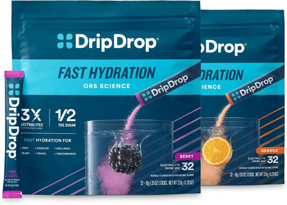 DripDrop Hydration Berry & Orange Bundle, Electrolyte Packets, 64 Count | Berry, Orange; 3X Electrolytes; Potassium, Magnesium, Zinc, Vitamin C; Single Serve; Portable; Daily Use, Workouts, Travel