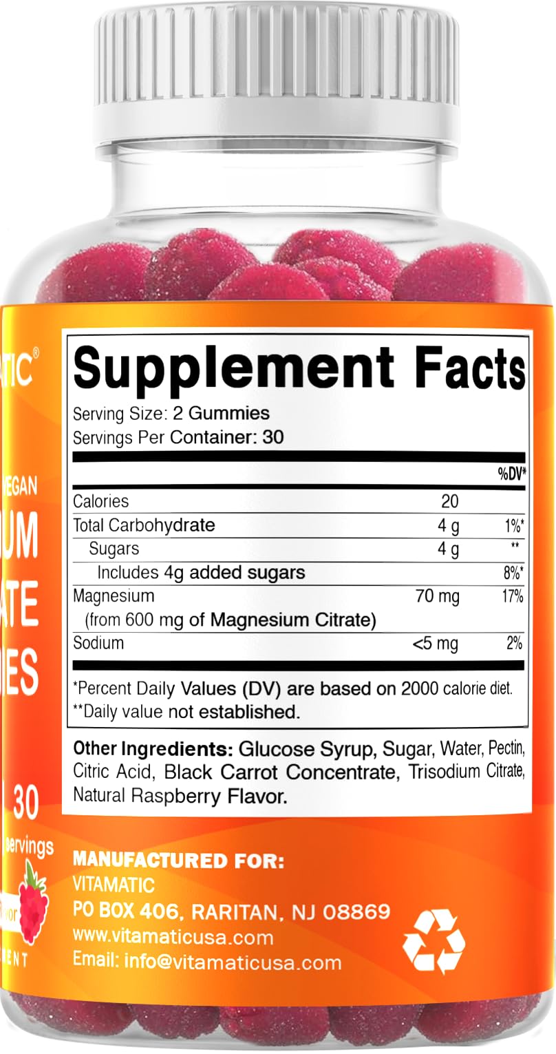 Vitamatic Magnesium Citrate Gummies, 600 mg, 60 Vegan Gummies | 600 mg Magneisum Citrate Per Serving with 70 mg of Elemental Mg, Natural Raspberry Flavor, Non-GMO, Gluten Free, Pectin Based