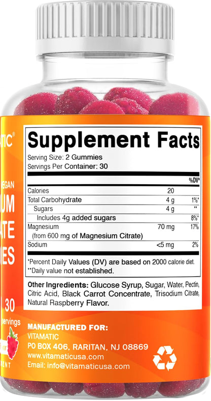 Vitamatic Magnesium Citrate Gummies, 600 mg, 60 Vegan Gummies | 600 mg Magneisum Citrate Per Serving with 70 mg of Elemental Mg, Natural Raspberry Flavor, Non-GMO, Gluten Free, Pectin Based