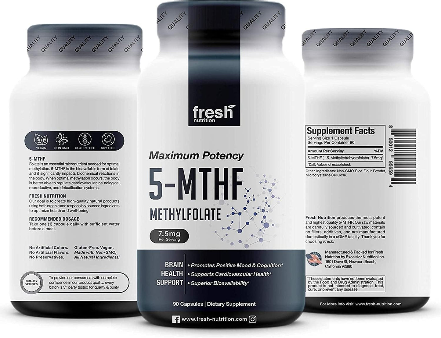 Fresh Nutrition L Methylfolate 7.5mg – DNA Verified for Maximum Potency – Superior Bioavailability – 5-MTHF Methyl Folate - 90 Capsules