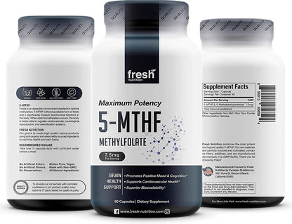 Fresh Nutrition L Methylfolate 7.5mg – DNA Verified for Maximum Potency – Superior Bioavailability – 5-MTHF Methyl Folate - 90 Capsules