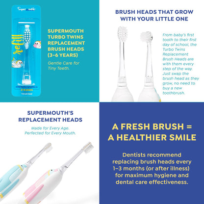 SuperMouth Replacement Brush Heads, Turbo Twins Baby Toothbrush 0-3