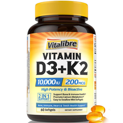 Vitalibre Vitamin D3 K2 Supplement, Vitamin D3 10000 IU & 200 mcg K2 MK7 | Enhanced Calcium Absorption, Bone, Heart, Immune & Mood Support, No Soy, Easy to Swallow, 90 Softgels
