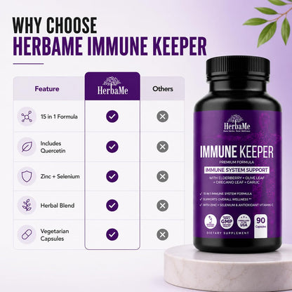 HerbaMe Immune Support Supplement, 15 in 1 Daily Wellness Formula with Elderberry, Quercetin, Zinc, Vitamin C & Selenium, Olive Leaf & Garlic for Men & Women, 90 Capsules