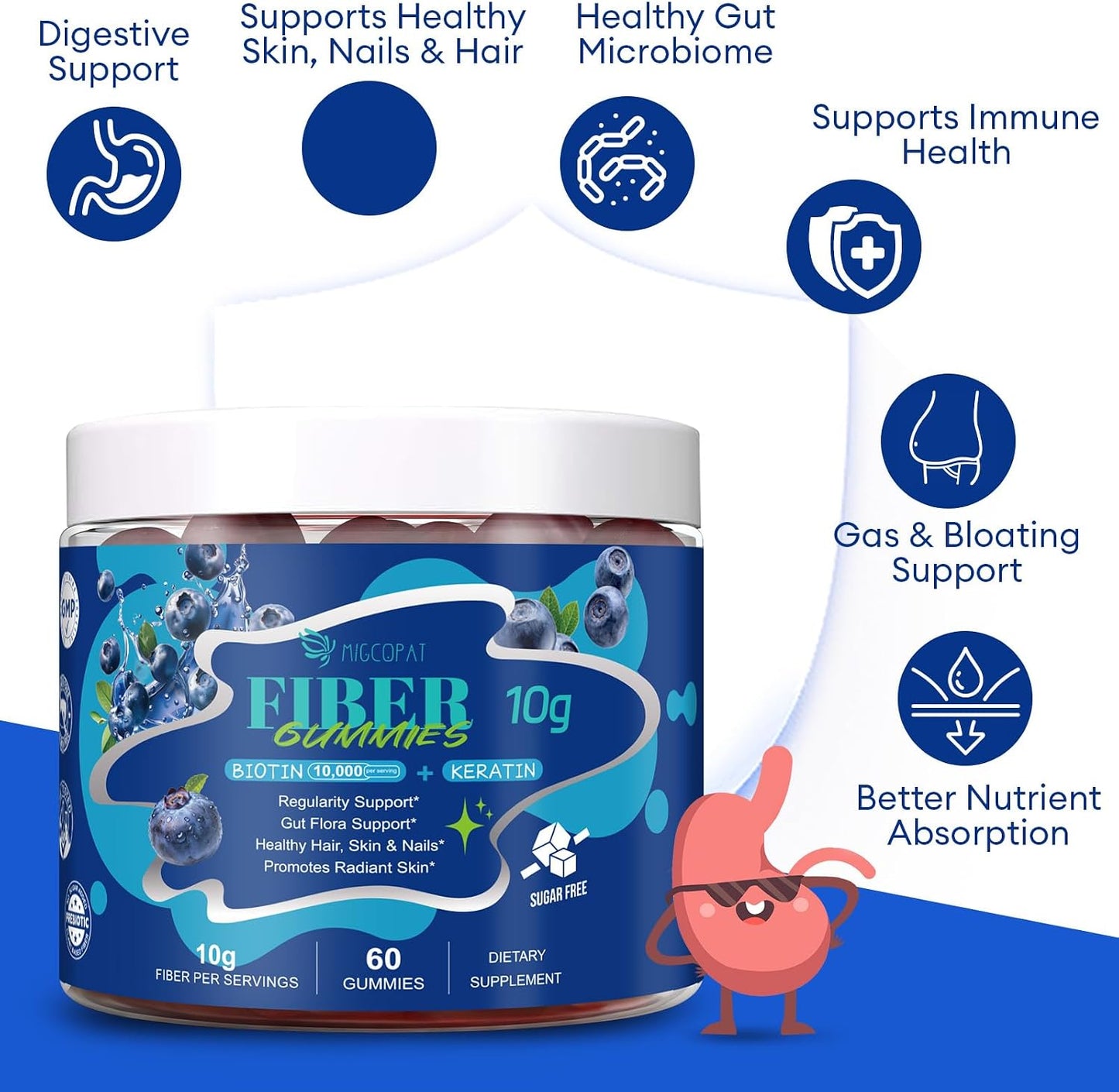 Migcopat 10G Fiber Gummies with Biotin, Collagen Peptides, Keratin, Vitamin C, E - Fiber Supplements with 30 Billion CFU Probiotics, Inulin, ACV for Digestive Health & Skin, Hair & Nails, 60 Cts