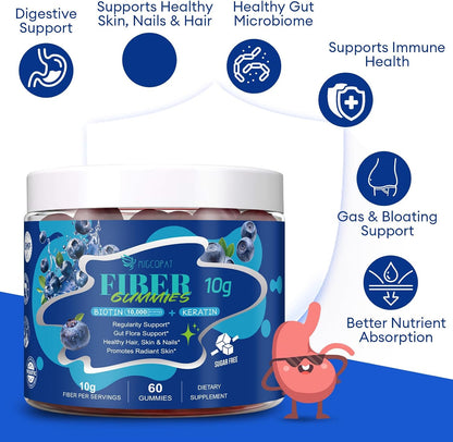 Migcopat 10G Fiber Gummies with Biotin, Collagen Peptides, Keratin, Vitamin C, E - Fiber Supplements with 30 Billion CFU Probiotics, Inulin, ACV for Digestive Health & Skin, Hair & Nails, 60 Cts