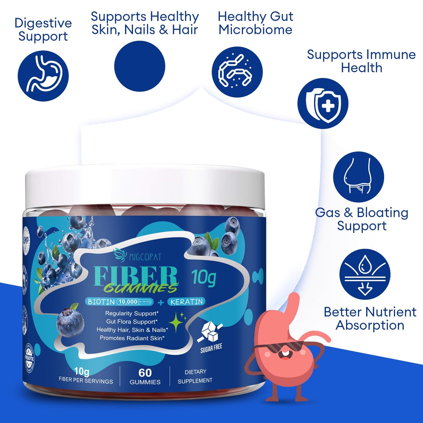 Migcopat 10G Fiber Gummies with Biotin, Collagen Peptides, Keratin, Vitamin C, E - Fiber Supplements with 30 Billion CFU Probiotics, Inulin, ACV for Digestive Health & Skin, Hair & Nails, 60 Cts