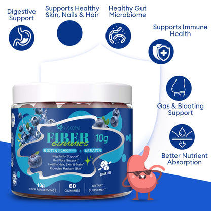 Migcopat 10G Fiber Gummies with Biotin, Collagen Peptides, Keratin, Vitamin C, E - Fiber Supplements with 30 Billion CFU Probiotics, Inulin, ACV for Digestive Health & Skin, Hair & Nails, 60 Cts